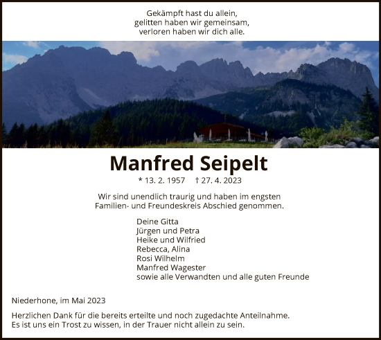 Todesanzeige von Manfred Seipelt von WRS