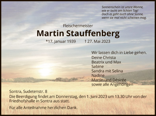 Todesanzeige von Martin Stauffenberg von WRS