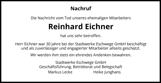 Todesanzeige von Reinhard Eichner von WRS