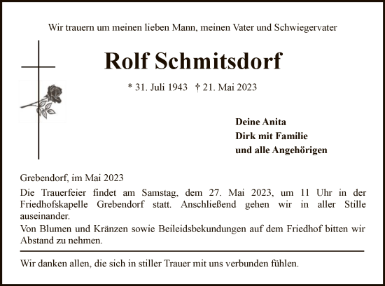 Todesanzeige von Rolf Schmitsdorf von WRS