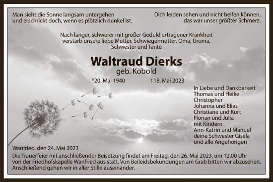 Todesanzeige von Waltraud Dierks von WRS
