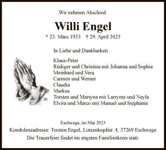Todesanzeige von Willi Engel von WRS