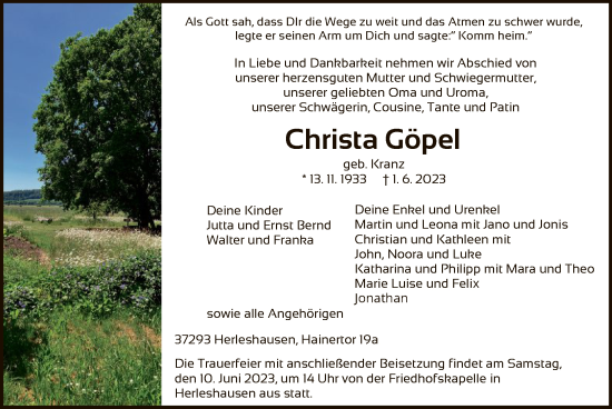Todesanzeige von Christa Göpel von WRS
