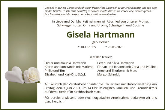 Todesanzeige von Gisela Hartmann von WRS