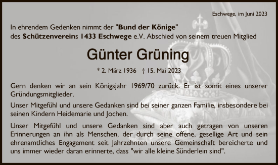 Todesanzeige von Günter Grüning von WRS