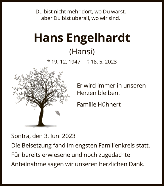 Todesanzeige von Hans Engelhardt von WRS
