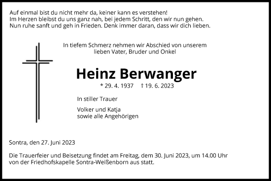 Todesanzeige von Heinz Berwanger von WRS