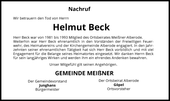 Todesanzeige von Helmut Beck von WRS