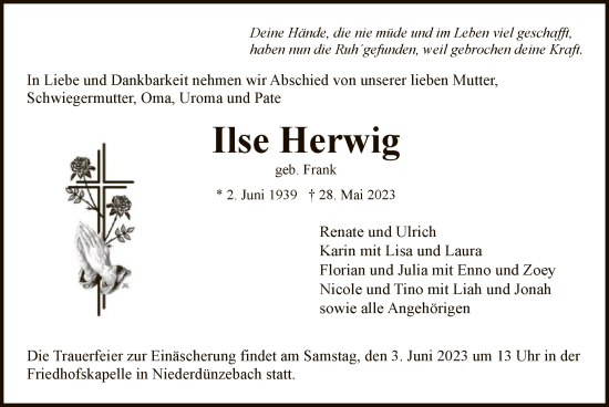 Todesanzeige von Ilse Herwig von WRS