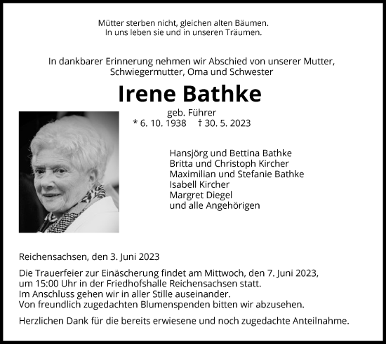 Todesanzeige von Irene Bathke von WRS