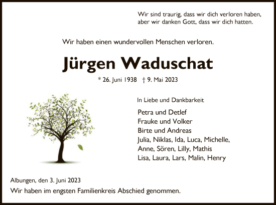 Todesanzeige von Jürgen Waduschat von WRS