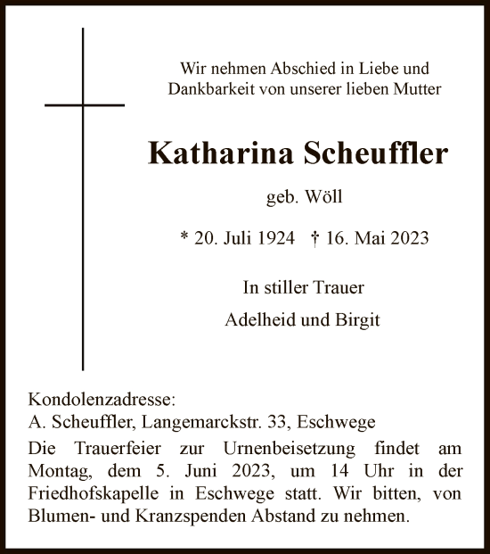 Todesanzeige von Katharina Scheuffler von WRS