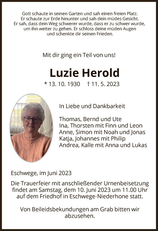 Todesanzeige von Luzie Herold von WRS