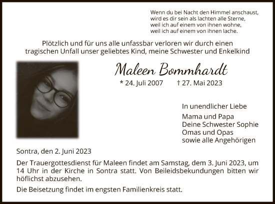 Todesanzeige von Maleen Bommhardt von WRS