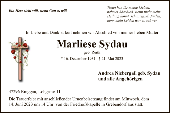 Todesanzeige von Marliese Sydau von WRS