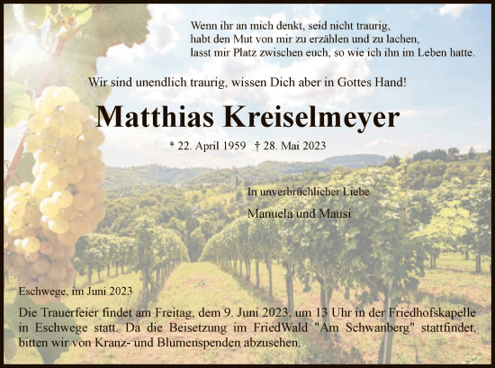 Todesanzeige von Matthias Kreiselmeyer von WRS