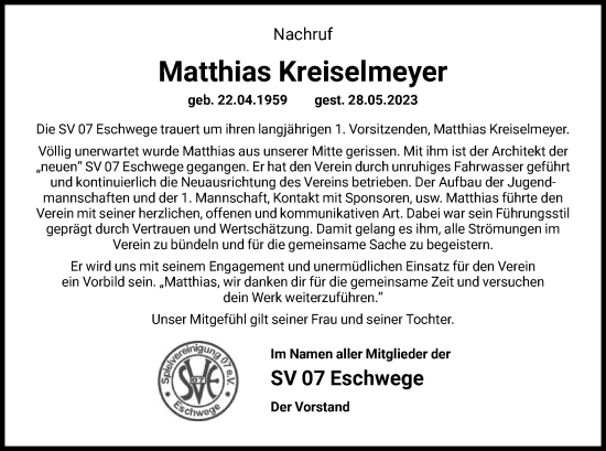 Todesanzeige von Matthias Kreiselmeyer von WRS