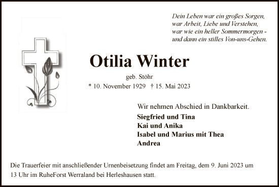 Todesanzeige von Otilia Winter von WRS