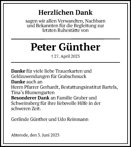 Todesanzeige von Peter Günther von WRS