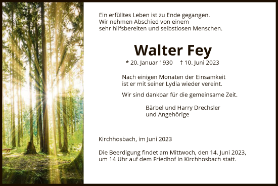 Todesanzeige von Walter Fey von WRS
