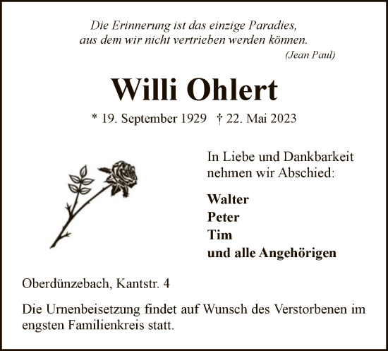 Todesanzeige von Willi Ohlert von WRS