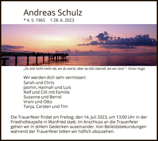 Todesanzeige von Andreas Schulz von WRS