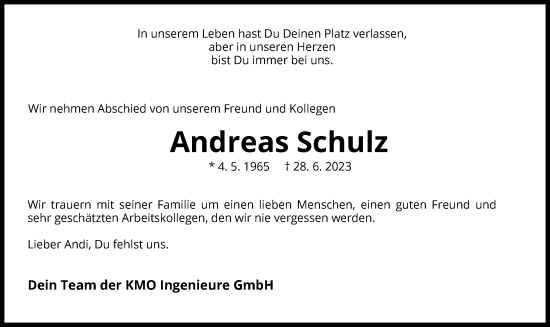 Todesanzeige von Andreas Schulz von WRS