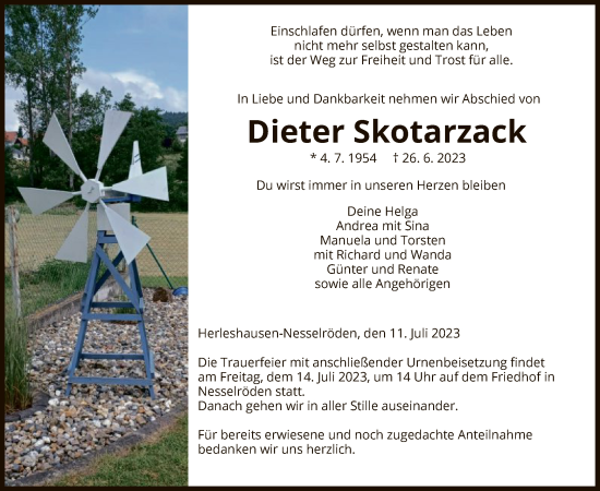 Todesanzeige von Dieter Skotarzack von WRS
