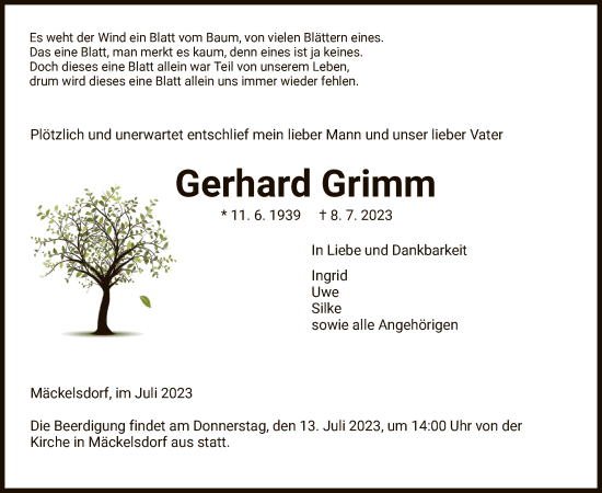 Todesanzeige von Gerhard Grimm von WRS