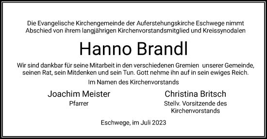 Todesanzeige von Hanno Brandl von WRS