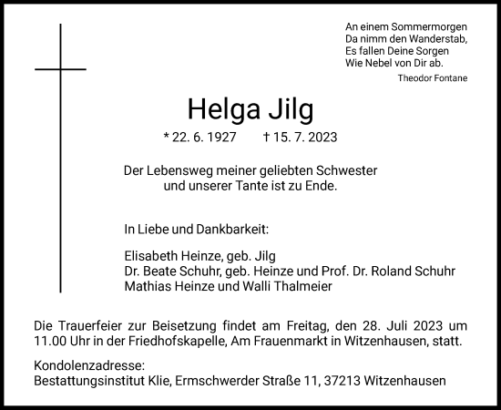 Todesanzeige von Helga Jilg von HNA