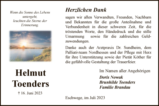Todesanzeige von Helmut Toenders von WRS