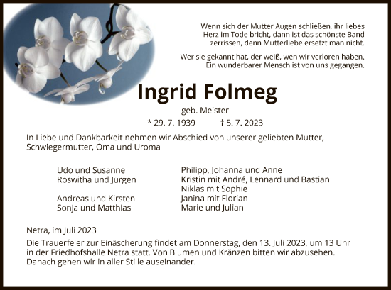Todesanzeige von Ingrid Folmeg von WRS