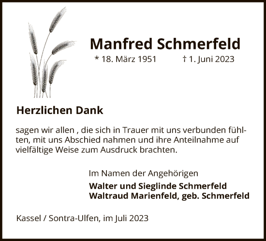 Todesanzeige von Manfred Schmerfeld von WRS