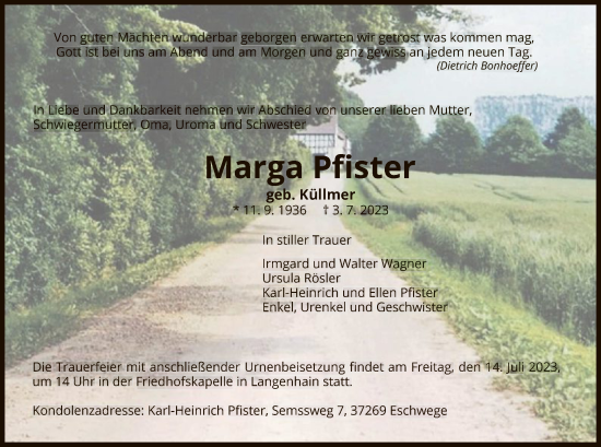 Todesanzeige von Marga Pfister von WRS