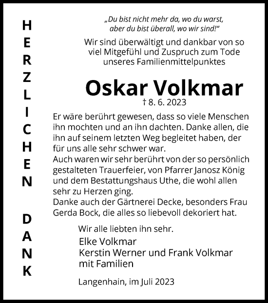 Todesanzeige von Oskar Volkmar von WRS