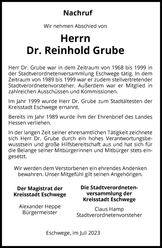 Todesanzeige von Reinhold Grube von WRS