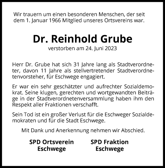 Todesanzeige von Reinhold Grube von WRS