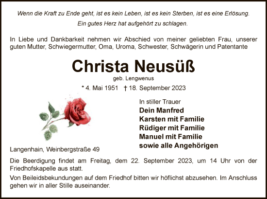 Todesanzeige von Christa Neusüß von WRS