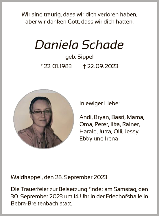 Todesanzeige von Daniela Schade von HNAWRS
