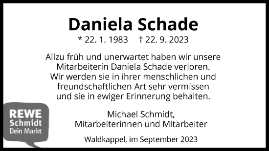 Todesanzeige von Daniela Schade von WRS