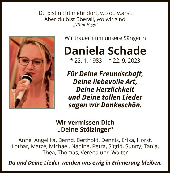Todesanzeige von Daniela Schade von WRS