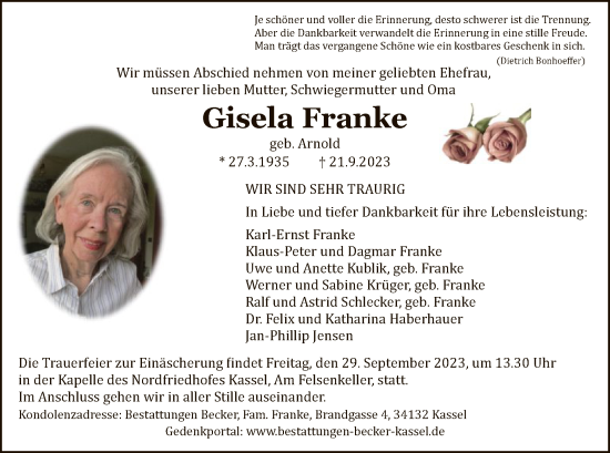 Todesanzeige von Gisela Franke von HNAHNAWRS