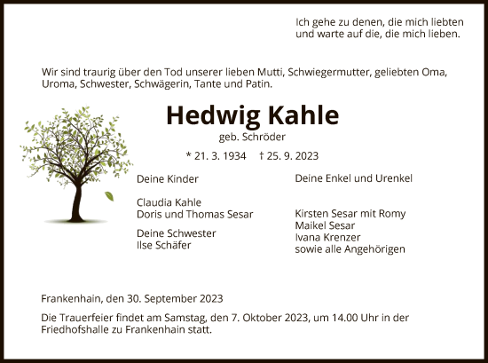 Todesanzeige von Hedwig Kahle von WRS
