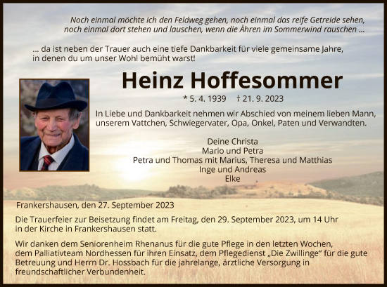 Todesanzeige von Heinz Hoffesommer von WRS
