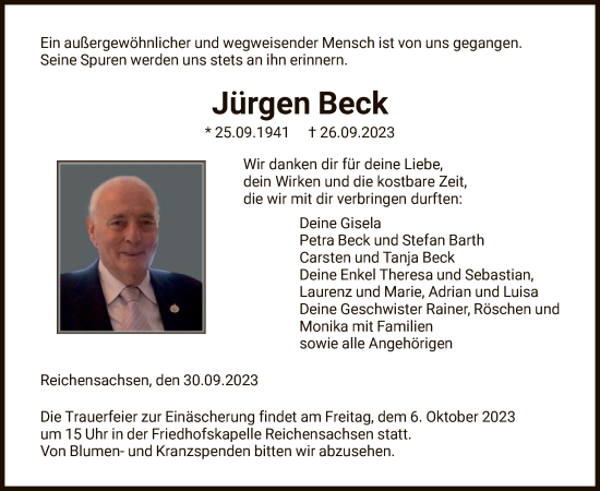 Todesanzeige von Jürgen Beck von WRS