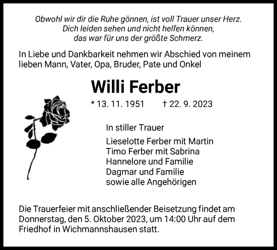 Todesanzeige von Willi Ferber von WRS