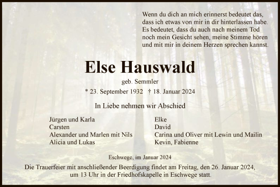 Todesanzeige von Else Hauswald von WRS