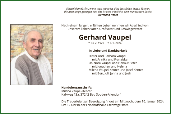 Todesanzeige von Gerhard Vaupel von WRS