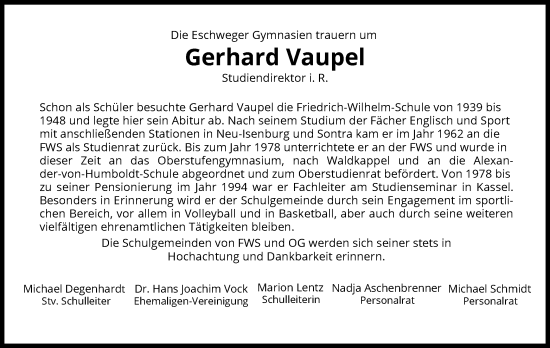 Todesanzeige von Gerhard Vaupel von WRS